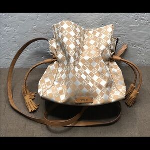 EUC Fossil Rayna Drawstring Tassel Adjustable Crossbody Tan Cream Jacquard Rare
